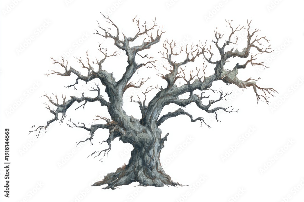 Obraz premium An aged, gnarled tree with bare branches, isolated on a white backdrop