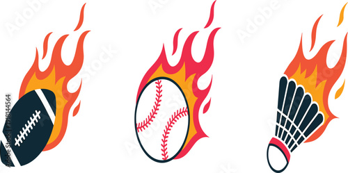 Burning sports equipment vector illustration set, flaming American football, baseball, and shuttlecock icons for competition design
