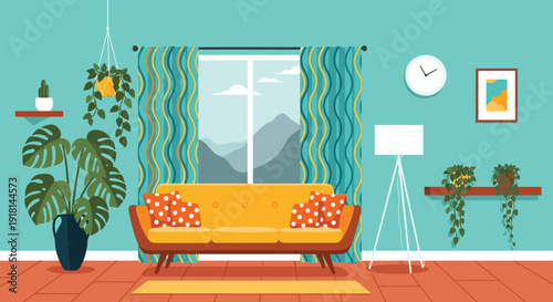 Cozy living room interior with sofa plants, modern home decor design, stylish flat vector illustration