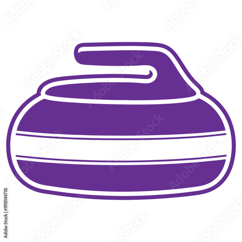 A simple purple curling stone with white stripes and a handle isolated on a transparent background representing the sport of curling and winter games with a clean graphic style