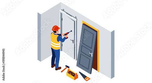 Carpenter Installing Door with Tools Nearby.