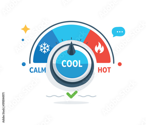 Emotional temperature control and preventing escalation in tense interactions, a simple thermostat dial set to a cool neutral zone symbolizing