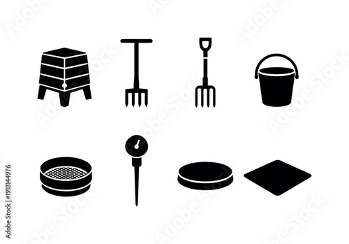 Garden compost maintenance tools: compost bin, aerator tool, pitchfork, collection bucket, garden sieve, thermometer probe, lid cover, ground mat