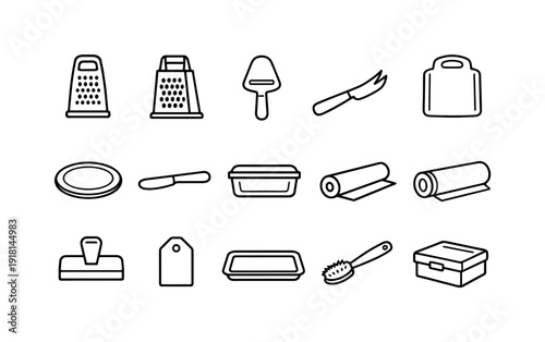 Home kitchen cheese preparation tools: cheese grater, box grater, cheese slicer, cheese knife, cutting board, serving plate, butter knife, storage