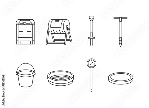 Garden composting kit: compost bin, compost tumbler, pitchfork, aerator tool, collection bucket, garden sieve, thermometer probe, storage lid
