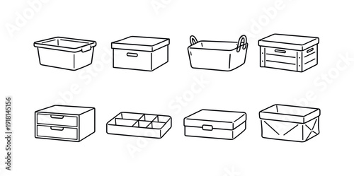 Home storage containers: plastic bin, storage box, fabric basket, lidded crate, drawer box, organizer tray, document box, folding bin