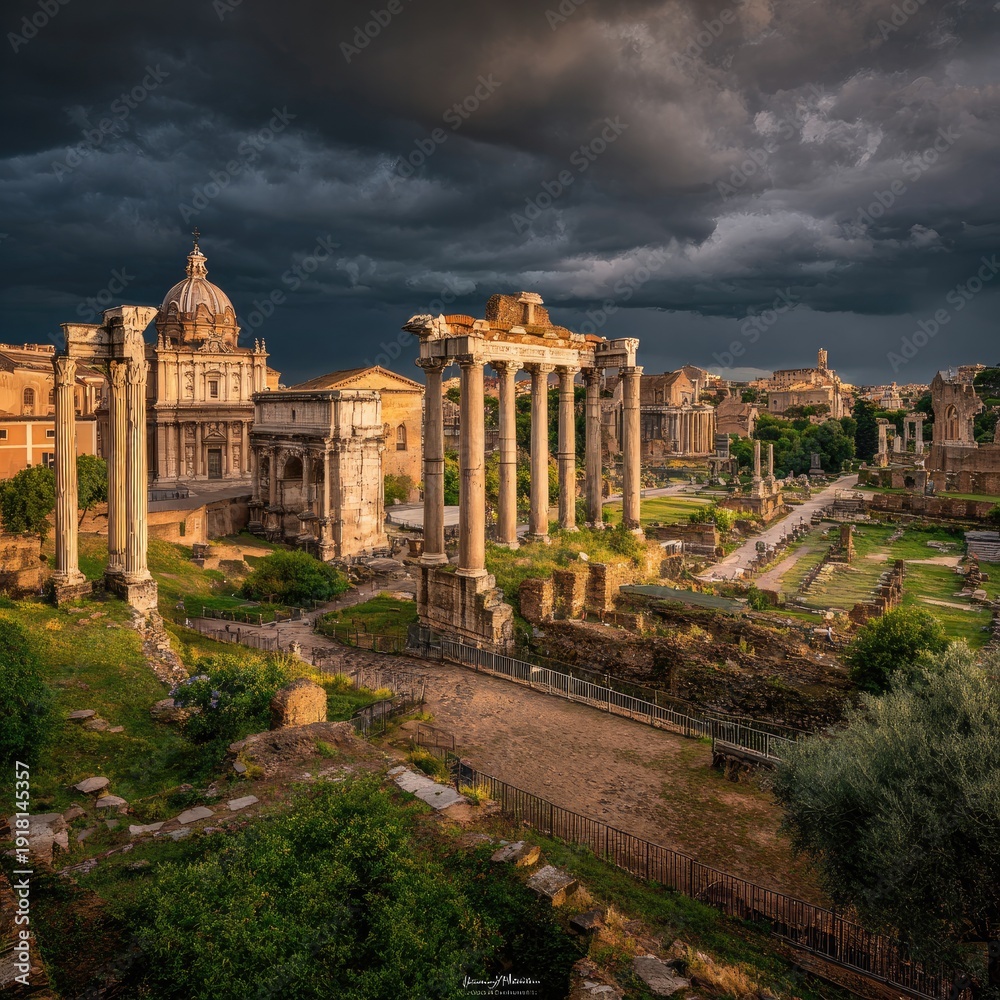Naklejka premium Ancient Roman ruins bathed in sunlight under a dramatic, stormy sky