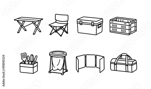 Outdoor campsite cooking furniture: camp table, folding chair, cooler box, storage crate, utensil caddy, trash bag holder, wind screen, carry bag
