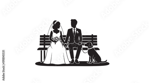 Bride and Groom Silhouette with Guide Dog Sitting on Bench in Simple Elegant Black and White Illustration for Wedding Invitation