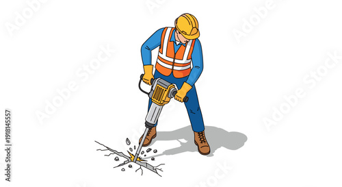 Construction Worker Breaking Ground with Jackhammer.
