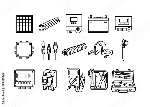 Solar power installation equipment: solar panel, mounting rail, inverter, battery pack, charge controller, junction box, DC cable, AC cable, conduit