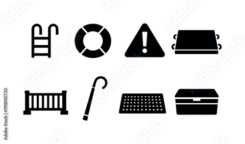 Outdoor pool safety items: pool ladder, safety ring, warning sign, pool cover, pool fence panel, rescue hook, anti slip mat, storage box