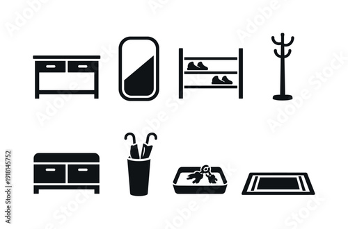 Home entryway furniture: console table, wall mirror, shoe rack, coat rack, storage bench, umbrella stand, key tray, doormat