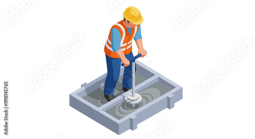 Construction Worker Compacting Soil with Vibrating Plate.