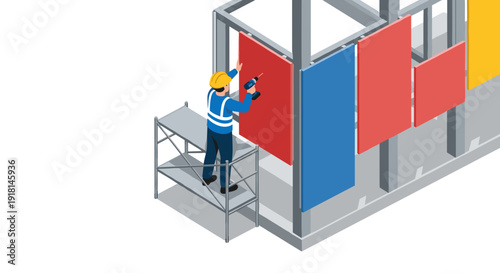 Construction Worker Installing Colorful Wall Panels.