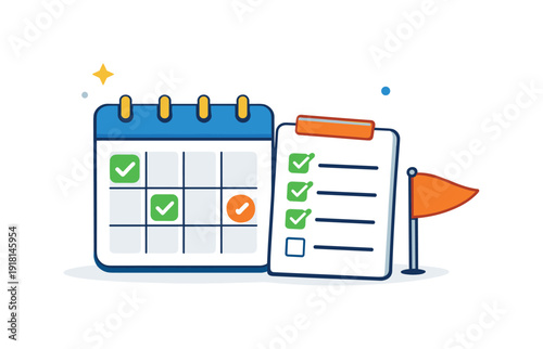 Weekly planning and structured preparation for a productive work routine, a calendar page paired with a checklist and a small flag symbolizing