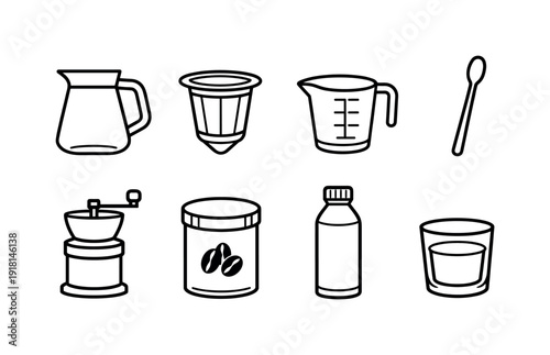 Home cold brew coffee tools: glass carafe, mesh filter, measuring cup, stirring spoon, coffee grinder, bean canister, storage bottle, serving tumbler