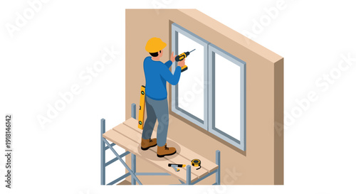 Construction Worker Installing Window on Scaffolding 2.