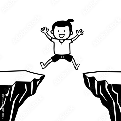 Happy cartoon boy jumping confidently over a wide cliff gap, embracing challenge and freedom, on an isolated white background.
