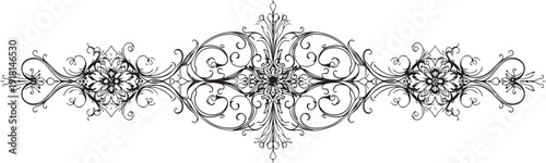 Intricate decorative border element on transparent background, vintage floral symmetry design