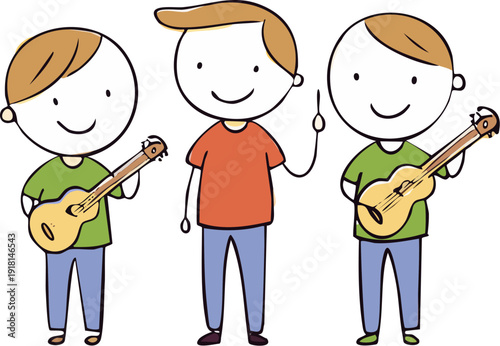Happy Cartoon Men Playing Musical Instruments as a Band, Isolated White Background