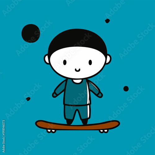 Cute happy boy cartoon character standing on a skateboard on a vibrant blue background.
