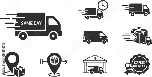 Collection of nine delivery and logistics icons on a white background truck package