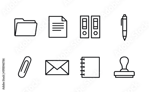 Documentation in linear style: folder, document, binder, pen, paperclip, envelope, notebook, stamp