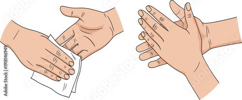 Hand washing and sanitizing vector illustration set, cleaning skin with wet wipe and soap foam