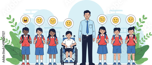 Diverse School Students with Teacher and Emoji Mood Bubbles Representing Mental Health Awareness, Inclusive Education, Classroom Diversity, and Child Wellbeing Graphic Designs