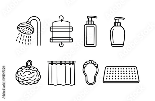 Home bathroom shower accessories: shower head, shower caddy, shampoo bottle, soap bottle, loofah sponge, shower curtain, curtain hook, bath mat