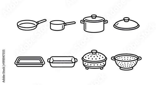Home kitchen cookware essentials: frying pan, saucepan, stockpot, lid, baking tray, roasting dish, steamer basket, colander