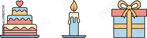 Celebration icons: tiered cake, lit candle, and gift box with ribbon