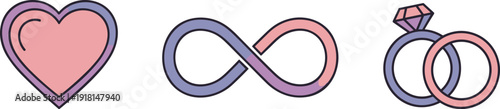 Heart, infinity symbol, and wedding rings icons representing love and commitment