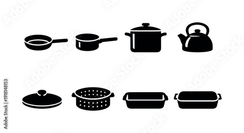 Kitchen cookware set: frying pan, saucepan, stockpot, kettle, lid, steamer basket, baking dish, roasting pan