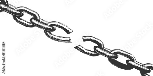Broken chain ink illustration black and white line art. Broken chain symbolizing freedom, liberation, and breaking limits.