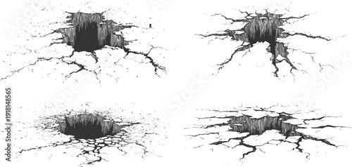 Vector graphic holes with cracked edges, set against a white background. Crack-like lines, creating a visual effect of impact or rupture