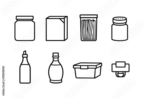 Home kitchen pantry organization: storage jar, cereal box, pasta container, spice jar, oil bottle, vinegar bottle, storage bin, label clip