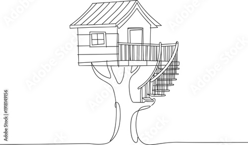 Black and white treehouse with spiral staircase and balcony