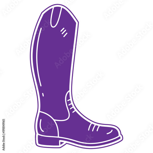 A single purple riding boot drawn with a white outline isolated on a white background symbolizing equestrian activities and fashionable footwear for horse riding enthusiasts