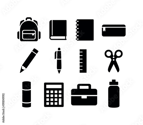 School supplies: backpack, textbook, notebook, pencil case, pencil, pen, ruler, scissors, glue stick, calculator, lunch box, water bottle