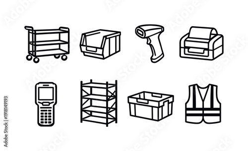 Warehouse order picking tools: picking cart, storage bin, barcode scanner, label printer, handheld terminal, shelf rack, tote box, safety vest