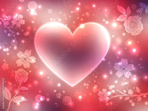 Luminous heart in a magical floral scenery with vibrant glowing bokeh