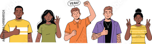 Diverse people showing positive hand gestures illustration teamwork approval success communication flat vector characters