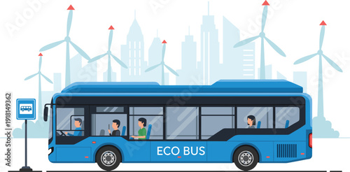 Eco friendly city bus illustration with passengers renewable energy wind turbines urban transport flat vector