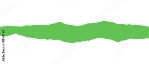 Green horizontal torn paper with ripped edges isolated on transparent background.