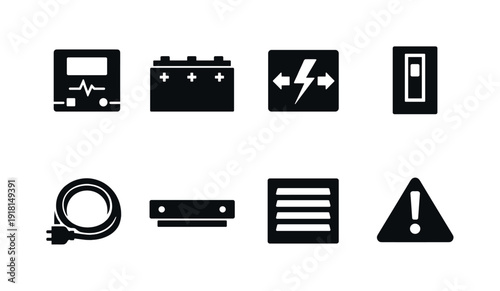 Home backup power system: inverter unit, battery pack, transfer switch, circuit breaker, power cable, wall mount, ventilation grille, warning label