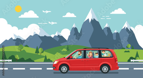 Family road trip traveling by car, mountain landscape journey, vacation travel lifestyle scene, flat vector illustration