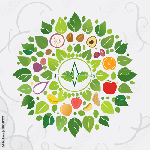 Vibrant natural ingredients forming a healthy lifestyle emblem with heart pulse symbol, promoting wellness and nutrition