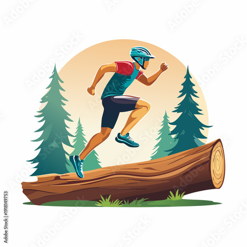 Man wearing helmet and sportswear running over a large log in a forest with trees and a sun disk